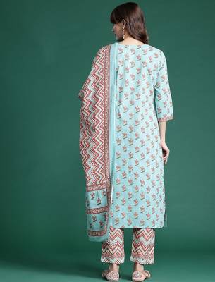 Floral Printed Pure Cotton Kurta With Trousers & Dupatta 6