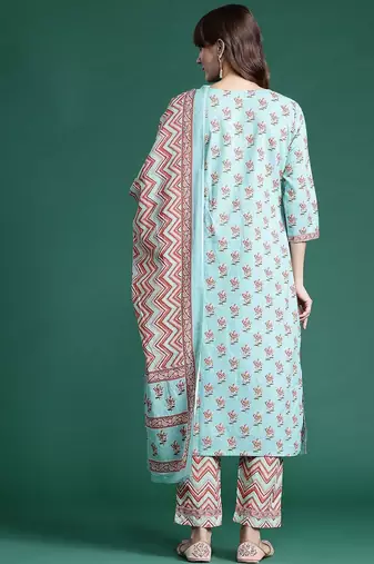 Floral Printed Pure Cotton Kurta With Trousers & Dupatta