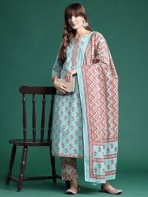 Floral Printed Pure Cotton Kurta With Trousers & Dupatta 7