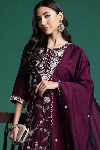 Floral Embroidered Sequinned Kurta With Trousers & Dupatta