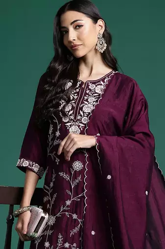Floral Embroidered Sequinned Kurta With Trousers & Dupatta
