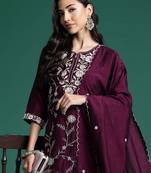 Floral Embroidered Sequinned Kurta With Trousers & Dupatta