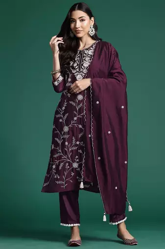 Floral Embroidered Sequinned Kurta With Trousers & Dupatta