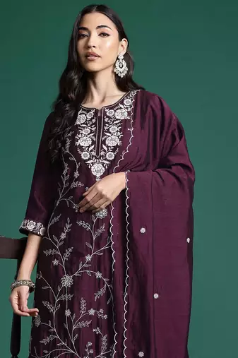 Floral Embroidered Sequinned Kurta With Trousers & Dupatta