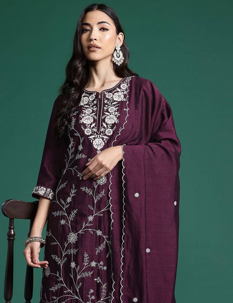 Floral Embroidered Sequinned Kurta With Trousers & Dupatta
