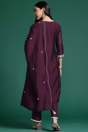 Floral Embroidered Sequinned Kurta With Trousers & Dupatta