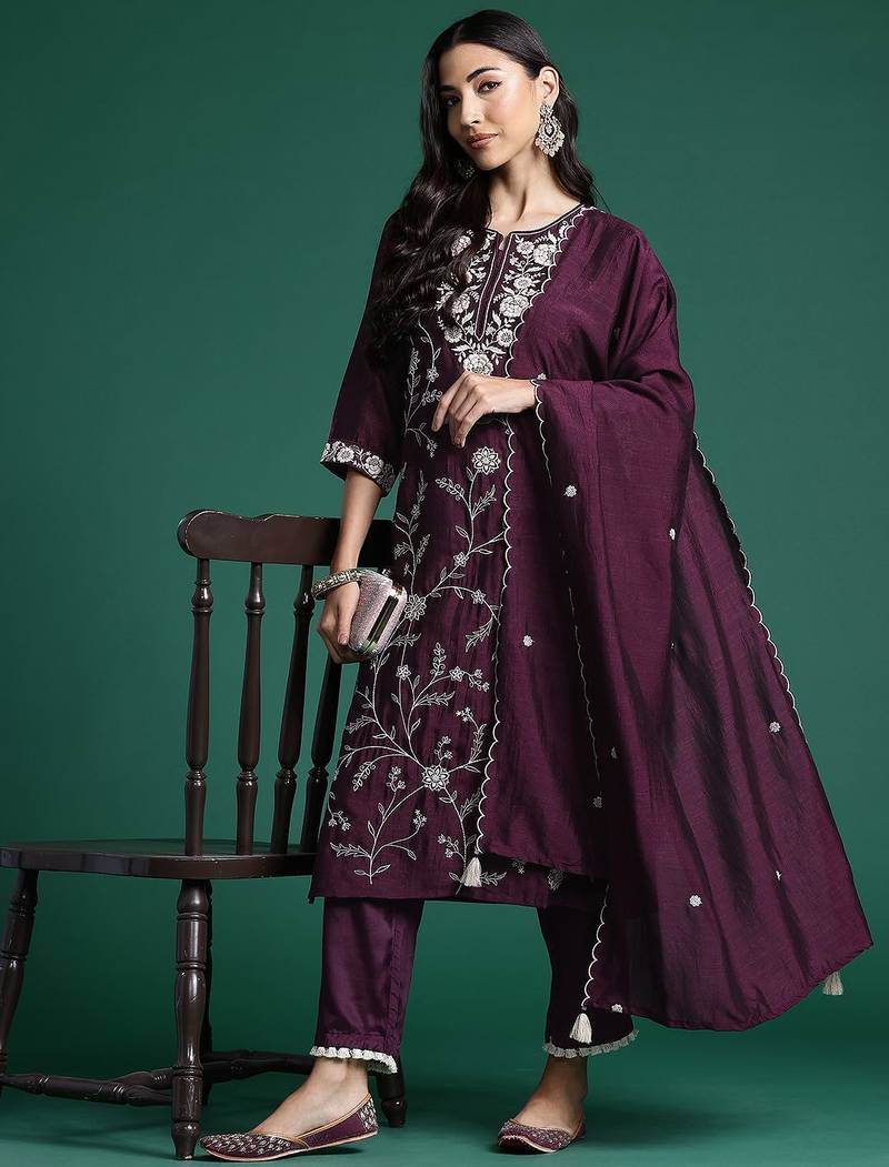 Floral Embroidered Sequinned Kurta With Trousers & Dupatta