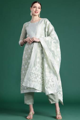Woven Design Kurta With Trousers & Dupatta