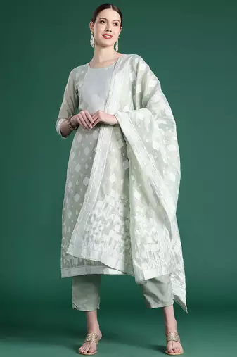 Woven Design Kurta With Trousers & Dupatta