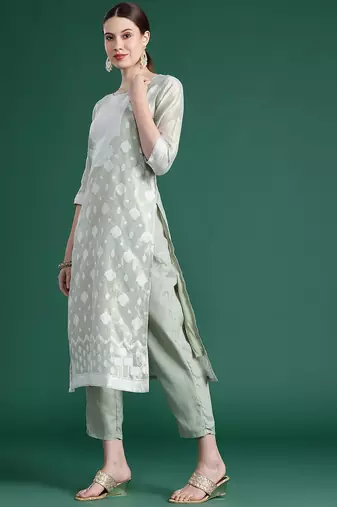 Woven Design Kurta With Trousers & Dupatta