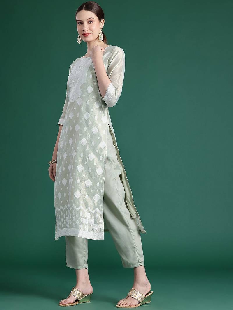 Woven Design Kurta With Trousers & Dupatta