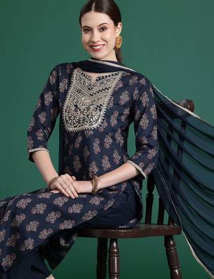 Ethnic Motifs Printed Sequinned Pure Cotton Kurta With Trousers & Dupatta 2