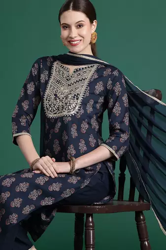Ethnic Motifs Printed Sequinned Pure Cotton Kurta With Trousers & Dupatta