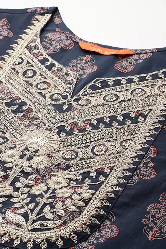 Ethnic Motifs Printed Sequinned Pure Cotton Kurta With Trousers & Dupatta