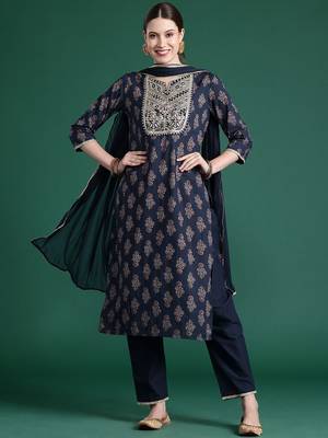 Ethnic Motifs Printed Sequinned Pure Cotton Kurta With Trousers & Dupatta 1