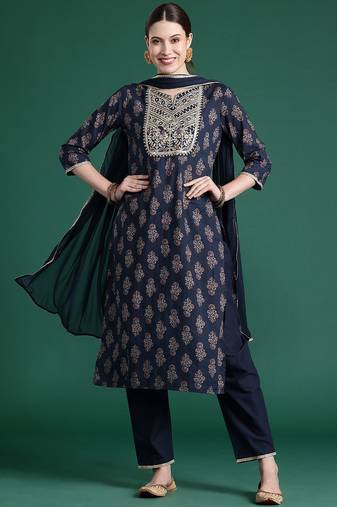ethnic motifs printed sequinned  cotton kurta with trousers & dupatta