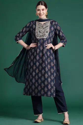 Ethnic Motifs Printed Sequinned Pure Cotton Kurta With Trousers & Dupatta