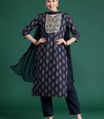 Ethnic Motifs Printed Sequinned Pure Cotton Kurta With Trousers & Dupatta