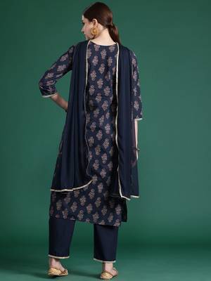 Ethnic Motifs Printed Sequinned Pure Cotton Kurta With Trousers & Dupatta 7