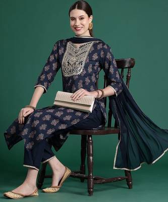 Ethnic Motifs Printed Sequinned Pure Cotton Kurta With Trousers & Dupatta 8