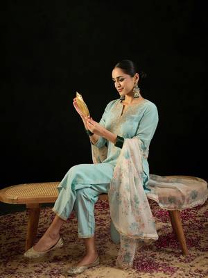 Floral Embroidered Notched Neck Straight Kurta with Trousers & Dupatta 1