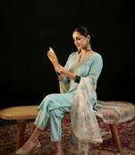 Floral Embroidered Notched Neck Straight Kurta with Trousers & Dupatta