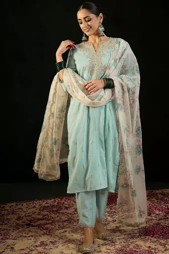 Floral Embroidered Notched Neck Straight Kurta with Trousers & Dupatta