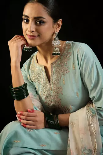 Floral Embroidered Notched Neck Straight Kurta with Trousers & Dupatta