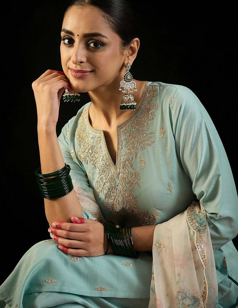 Floral Embroidered Notched Neck Straight Kurta with Trousers & Dupatta
