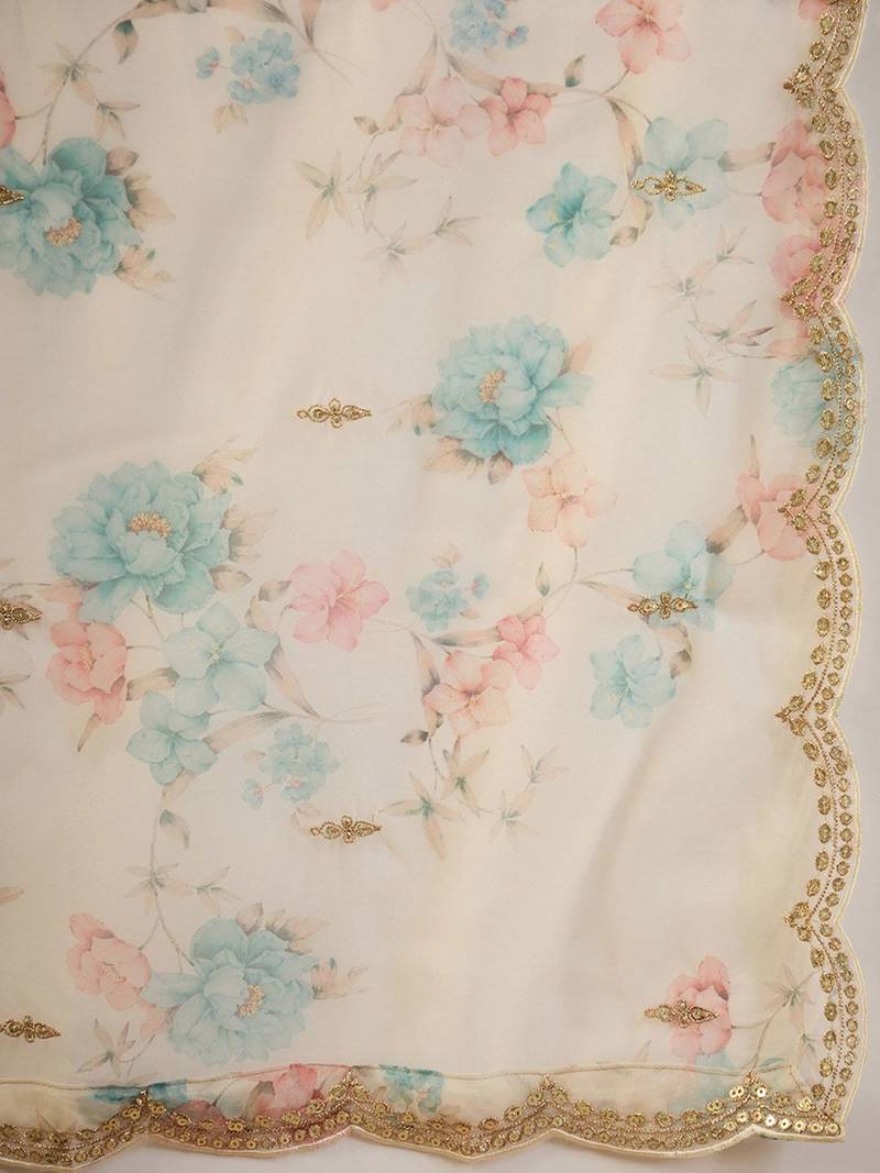 Floral Embroidered Notched Neck Straight Kurta with Trousers & Dupatta