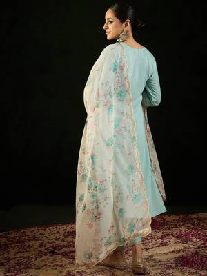 Floral Embroidered Notched Neck Straight Kurta with Trousers & Dupatta 6
