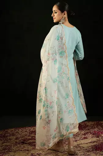 Floral Embroidered Notched Neck Straight Kurta with Trousers & Dupatta