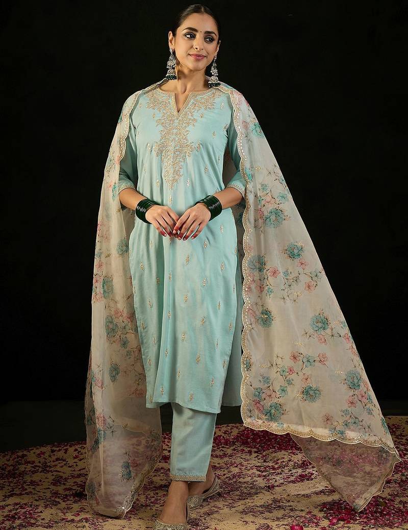 Floral Embroidered Notched Neck Straight Kurta with Trousers & Dupatta