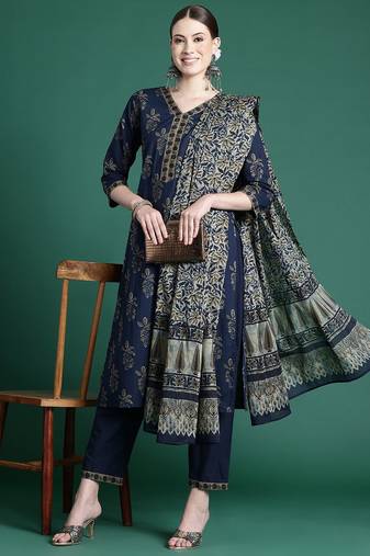 floral printed  cotton kurta with trousers & dupatta