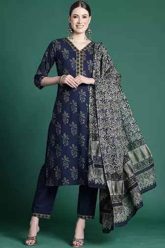 Floral Printed Pure Cotton Kurta With Trousers & Dupatta
