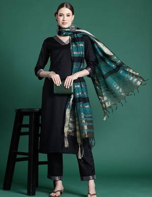 Yoke Design Zari Pure Cotton Kurta With Trousers & Dupatta 1
