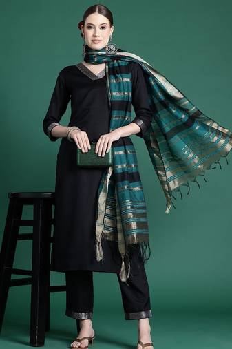 yoke design zari  cotton kurta with trousers & dupatta
