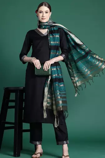 Yoke Design Zari Pure Cotton Kurta With Trousers & Dupatta