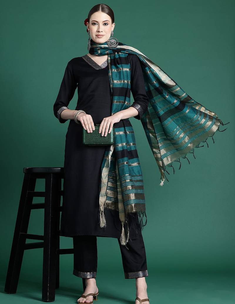 Yoke Design Zari Pure Cotton Kurta With Trousers & Dupatta