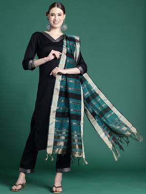Yoke Design Zari Pure Cotton Kurta With Trousers & Dupatta 5