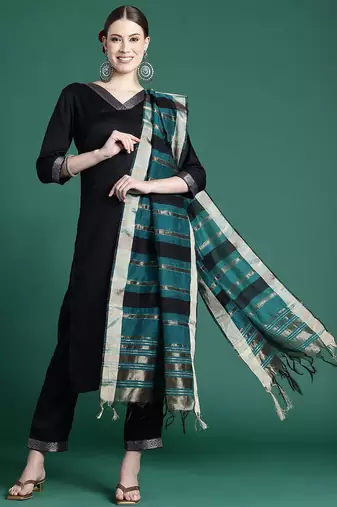 Yoke Design Zari Pure Cotton Kurta With Trousers & Dupatta