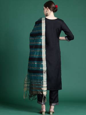 Yoke Design Zari Pure Cotton Kurta With Trousers & Dupatta 7