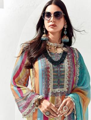 Women Ethnic Motifs Printed Regular Thread Work Kurta Trousers With Dupatta 5
