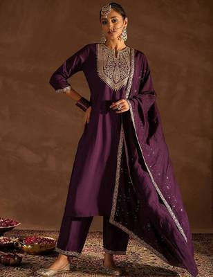 Burgundy Ethnic Motifs Zari Embroidered Kurta with Trousers & Dupatta 1