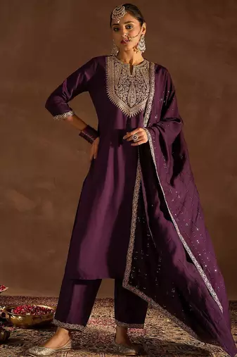 Burgundy Ethnic Motifs Zari Embroidered Kurta with Trousers & Dupatta