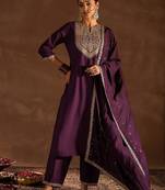 Burgundy Ethnic Motifs Zari Embroidered Kurta with Trousers & Dupatta