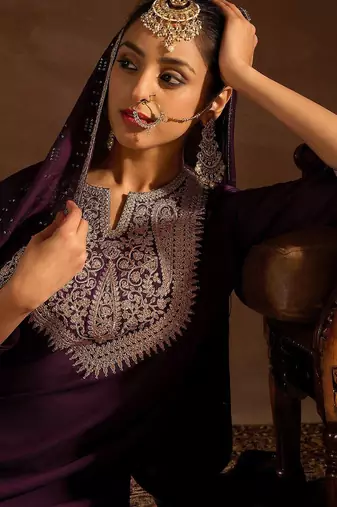 Burgundy Ethnic Motifs Zari Embroidered Kurta with Trousers & Dupatta