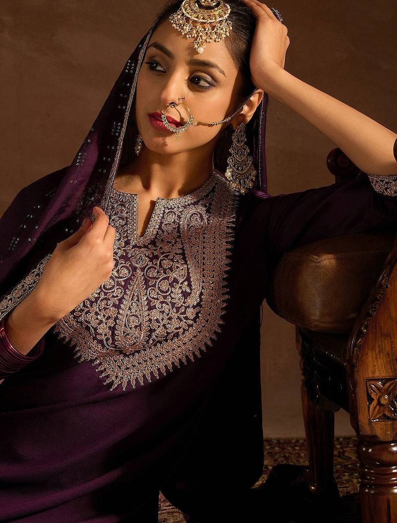 Burgundy Ethnic Motifs Zari Embroidered Kurta with Trousers & Dupatta