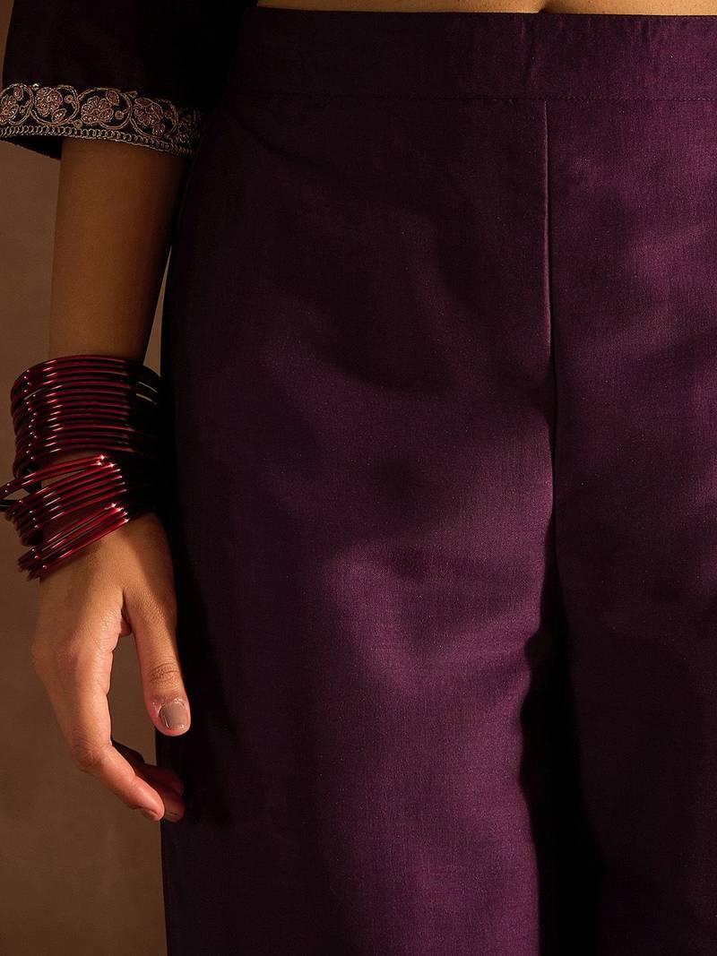Burgundy Ethnic Motifs Zari Embroidered Kurta with Trousers & Dupatta