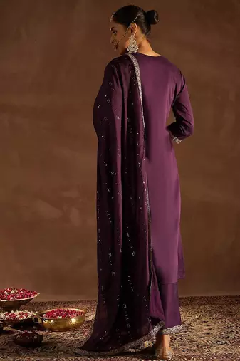 Burgundy Ethnic Motifs Zari Embroidered Kurta with Trousers & Dupatta